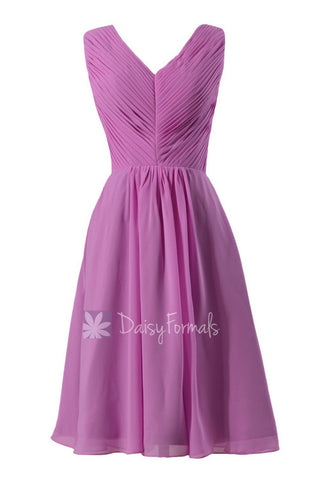 Beautiful Wisteria Chiffon Formal Dress Short Pleated Bridesmaid Dress W/V-Neck(BM5194S)