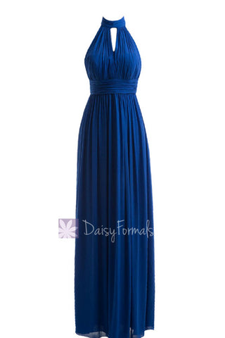Charming Long High-Collar Sapphire Bridesmaid Dress W/Keyhole Front and Back(BM5742)