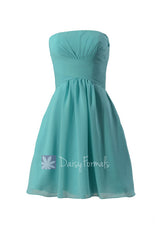 Short strapless chiffon prom dress tiffany blue discount bridesmaid dress(bm718)