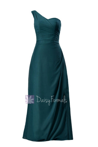 Elegant Floor Length Chiffon Bridesmaid Dress One Shoulder Teal Formal Dress(BM7872)