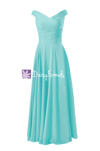 Classic Turquoise Party Dress Long Off-shoulder Bridesmaid Dress Chiffon Evening dress(BM7888)