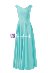 Classic turquoise party dress long off-shoulder unique bridesmaid dress chiffon evening dress(bm7888)