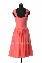 Coral sweetheart chiffon bridesmaid dress  elegant knee length party dresses w/ straps(bm800)