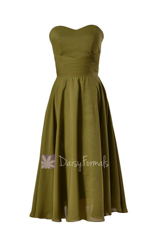 Tea Length Dark Olive Bridesmaid Dress Sweetheart Chiffon Party Dress(BM8487T)