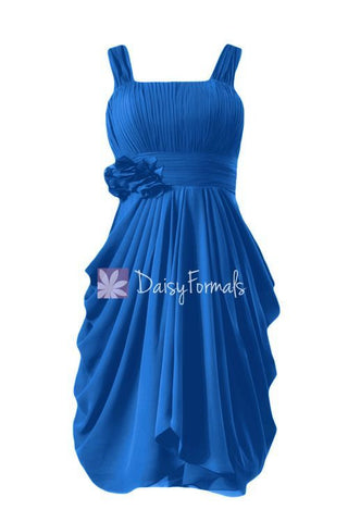 Cobalt Blue Chiffon Party Dress Knee Length Bridesmaids Dress w/Ruffles (BM915)