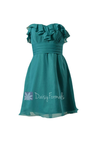 In stock,Ready to Ship - Mini Length Sweetheart Pine Green Chiffon Bridesmaid Dress (BM1549SD)- (#43 Pine Green)
