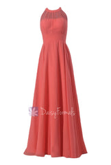 Floor length chiffon bridesmaid dress coral formal dresses w/illusion neckline(cst2225l)