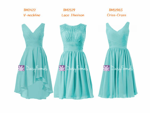 High Low Aqua Blue Knee Length Bridesmaids Dress Spa Blue Chiffon Party Dress (MM67)