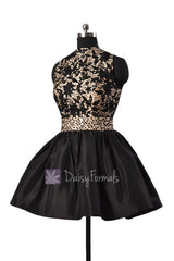 Gorgeous black taffeta formal mini prom dresses w/high collar and open back(pr140425)
