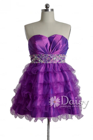 Gorgeous Purple Taffeta Mini Skirt Beaded Sweetheart Organza Prom Dress(PR47634)