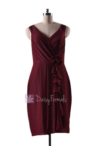 In stock,Ready to Ship - Knee Length Sheath V-Neck Red Bridesmaid Dress(BM266) - (Falu Red)