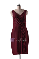 In stock,ready to ship - short knee length sheath v-neck red bridesmaid dress(bm266) - (falu red)
