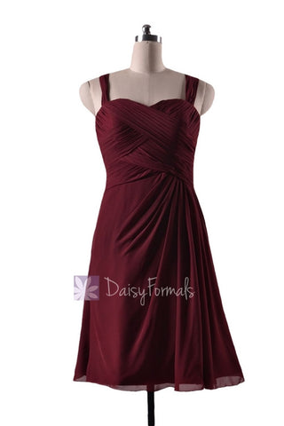 In stock,Ready to Ship - Knee Length Pleated Sweetheart Red Chiffon Bridesmaid Dress(BM732S) - (Falu Red, Sz12)