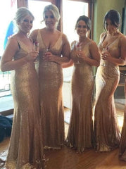 V-Neck Sleeveless Sweep Train Champagne Sequined Bridesmaid Dress (BMA20146)