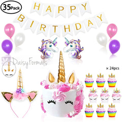 Unicorn Party Supplies & Decorations with Unicorn Cake Topper,Unicorn Headband,24 Pcs Unicorn Cupcake Toppers Wrappers and Happy Birthday Banner plus Unicorn Balloons Latex Party Ballons,Great for Birthday Party, Baby Shower and Unicorn Party(35 Packs)