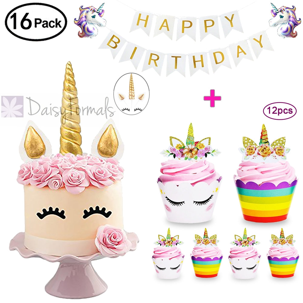 Daisyformals Unicorn Cake Topper with 12 Pcs Cupcake Toppers Wrappers and Happy Birthday Banner plus 2 Pcs Unicorn Balloons,Unicorn Party Supplies for Girls Boys Birthday Party Wedding Baby Shower(16 Packs)