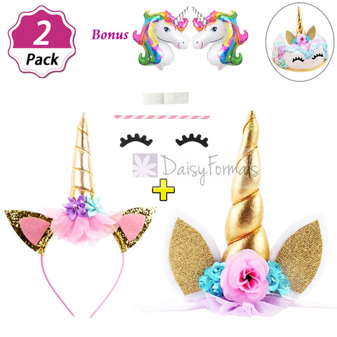 DaisyFormals Shiny Gold Unicorn Headband with Unicorn Cake Topper, Unicorn Party Supplies for Birthday Party, Baby Shower, Kids Party Decoration with 2 Free Unicorn Balloons