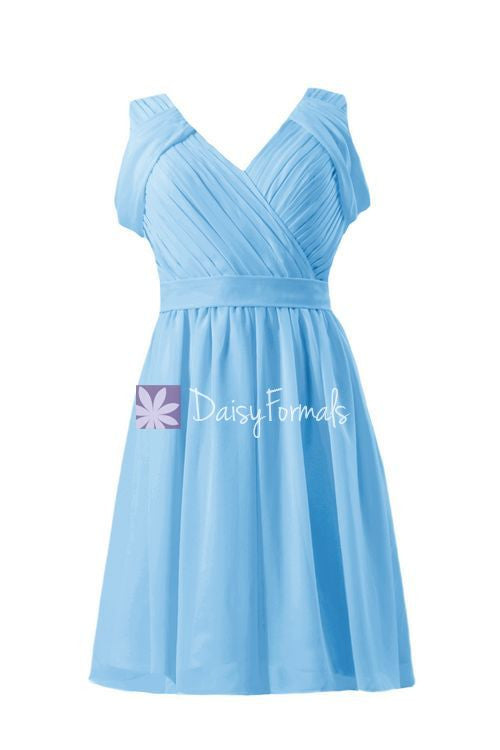 Gracious sea blue elegant chiffon party dress v neckline affordable bridesmaids dress (bm283s)