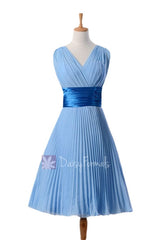 In stock,ready to ship - vintage short chiffon dress v-neck blue formal dress(bm3171) - (#38 cornflower)