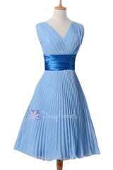 In stock,ready to ship - vintage short chiffon dress v-neck blue formal dresses(bm3171) - (#38 cornflower)