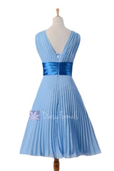In stock,Ready to Ship - Vintage Short Chiffon Dress V-Neck Blue Formal Dress(BM3171) - (#38 Cornflower)