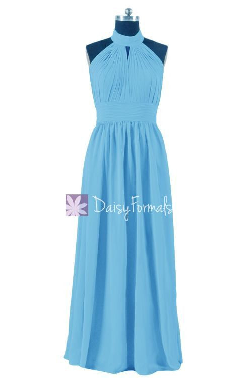 Sea blue chiffon bridesmaids dress online long light blue halter neckline party dress (bm5742)