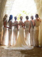 Floor Length Sleeveless Silver Sequined Bridesmaid Dress  (BMA20120)