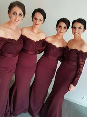 Off-the-Shoulder Elastic Satin Maroon Trumpet Bridesmaid Dress (BMA20110)