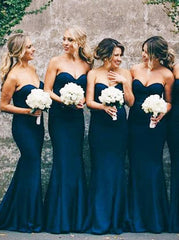 Mermaid Sweetheart Navy Blue Stretch Satin Sweep Train Bridesmaid Dress (BMA2025)