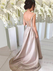 V-neck Sleeveless Taffeta Sweep Train Silver Bridesmaid Dress (BMA20124)