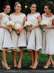 Stunning Off Shoulder Mid-Calf Light Grey Organza Bridesmaid Dress with Lace (BMA2030)