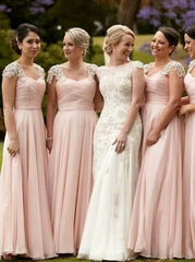 Stunning Scoop Cap Sleeves Floor Length Pink Chiffon Bridesmaid Dress with Beading (BMA2031)