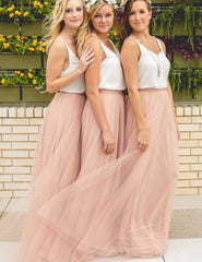 V-Neck Sleeveless Tulle Blush A-Line Long Bridesmaid Dress (BMA20127)