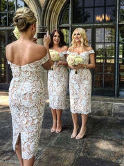 Off Shoulder Short Sleeves Ivory Lace Bridesmaid Dress  (BMA20149)