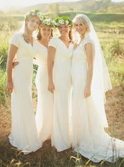 V-Neck Short Sleeves Floor Length Chiffon Bridesmaid Dress (BMA2038)