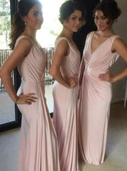 V-Neck Floor Length Pink Spandex Bridesmaid Dress (BMA2039)