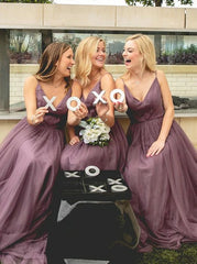 A-Line Spaghetti Straps Floor-Length Tulle Light Purple Bridesmaid Dress (BMA20103)