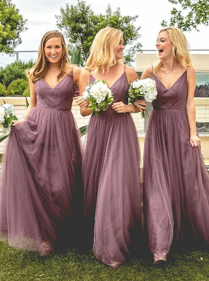 A-Line Spaghetti Straps Floor-Length Tulle Light Purple Bridesmaid Dress (BMA20103)