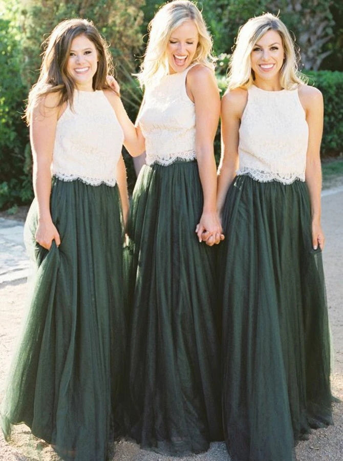 Round Neck Dark Green Tulle Bridesmaid Dress with Lace (BMA20105)
