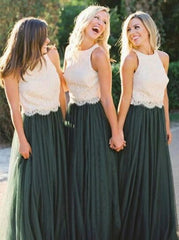 Round Neck Dark Green Tulle Bridesmaid Dress with Lace (BMA20105)