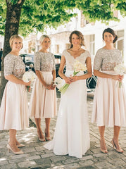 Bateau Pearl Pink Satin Sequins Bridesmaid Dress (BMA20113)