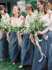 Two Piece Scoop Sweep Train white Tulle Bridesmaid Dress (BMA20106)