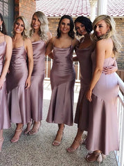 Spaghetti Straps Sleeveless Lilac Satin Bridesmaid Dress  (BMA20137)