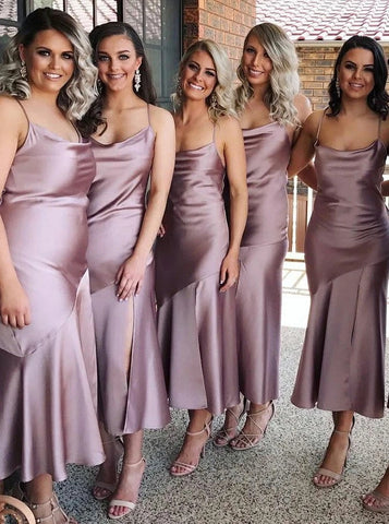 Spaghetti Straps Sleeveless Lilac Satin Bridesmaid Dress  (BMA20137)