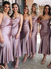 Spaghetti Straps Sleeveless Lilac Satin Bridesmaid Dress  (BMA20137)