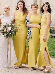 Sheath Round Neck Sleeveless Floor Length Yellow Satin Bridesmaid Dress(BMA20133)
