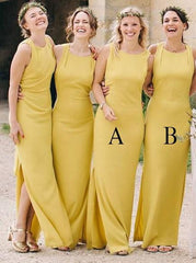 Sheath Round Neck Sleeveless Floor Length Yellow Satin Bridesmaid Dress(BMA20133)