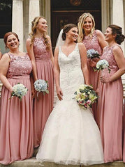 Round Neck Floor Length Purple Chiffon Bridesmaid Dress with Lace (BMA2019)