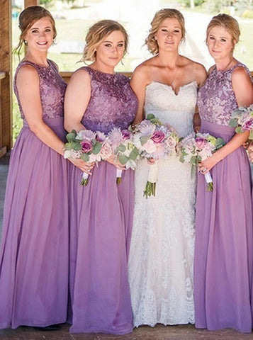 Round Neck Floor Length Purple Chiffon Bridesmaid Dress with Lace (BMA2019)