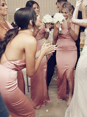 Sleeveless Pink Long Satin Bridesmaid Dress with Split (BMA20139)